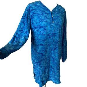 Yvonne Sachs Long Tunic Blouse 100% Silk Blue‎ Watercolor Print Women's Size S
